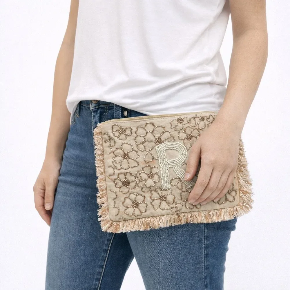 Elegant Floral Beige Clutch with Fringe Anthropologie